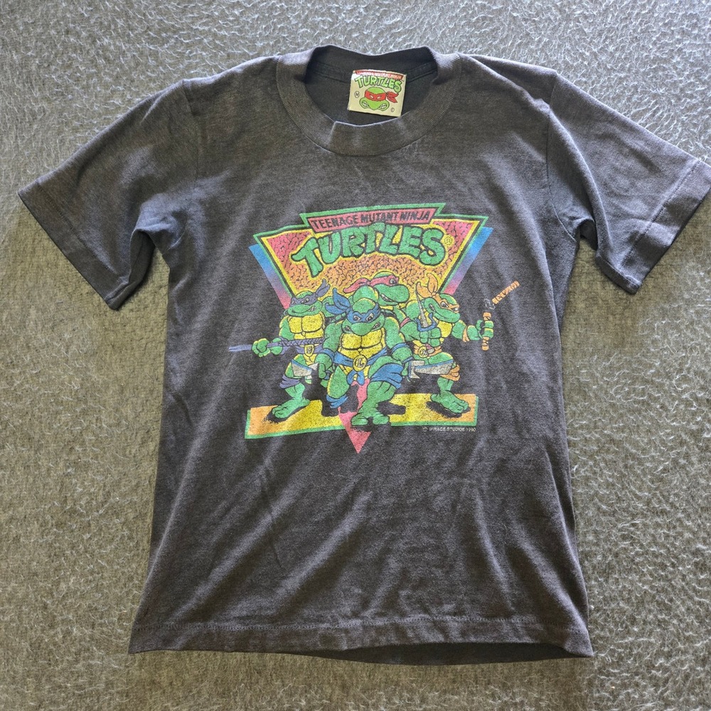 Vintage TMNT T-Shirt Kids M Gray 1990 Mirage Studios Single Stitch USA